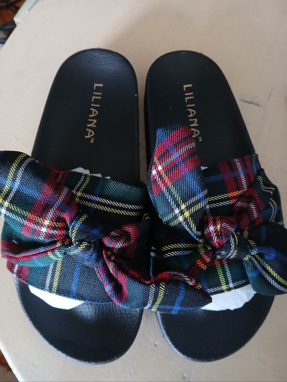 Liliana Cloth Bow Plaid Slides Size 6.5 New In Box